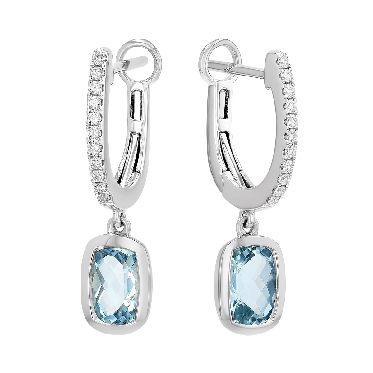 Bezel Set Cushion Checkerboard Aquamarine & Diamond Dangle Hoop Earrings in White Gold