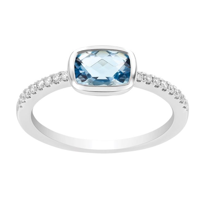 Bezel Set Cushion Checkerboard Aquamarine & Diamond Ring in White Gold
