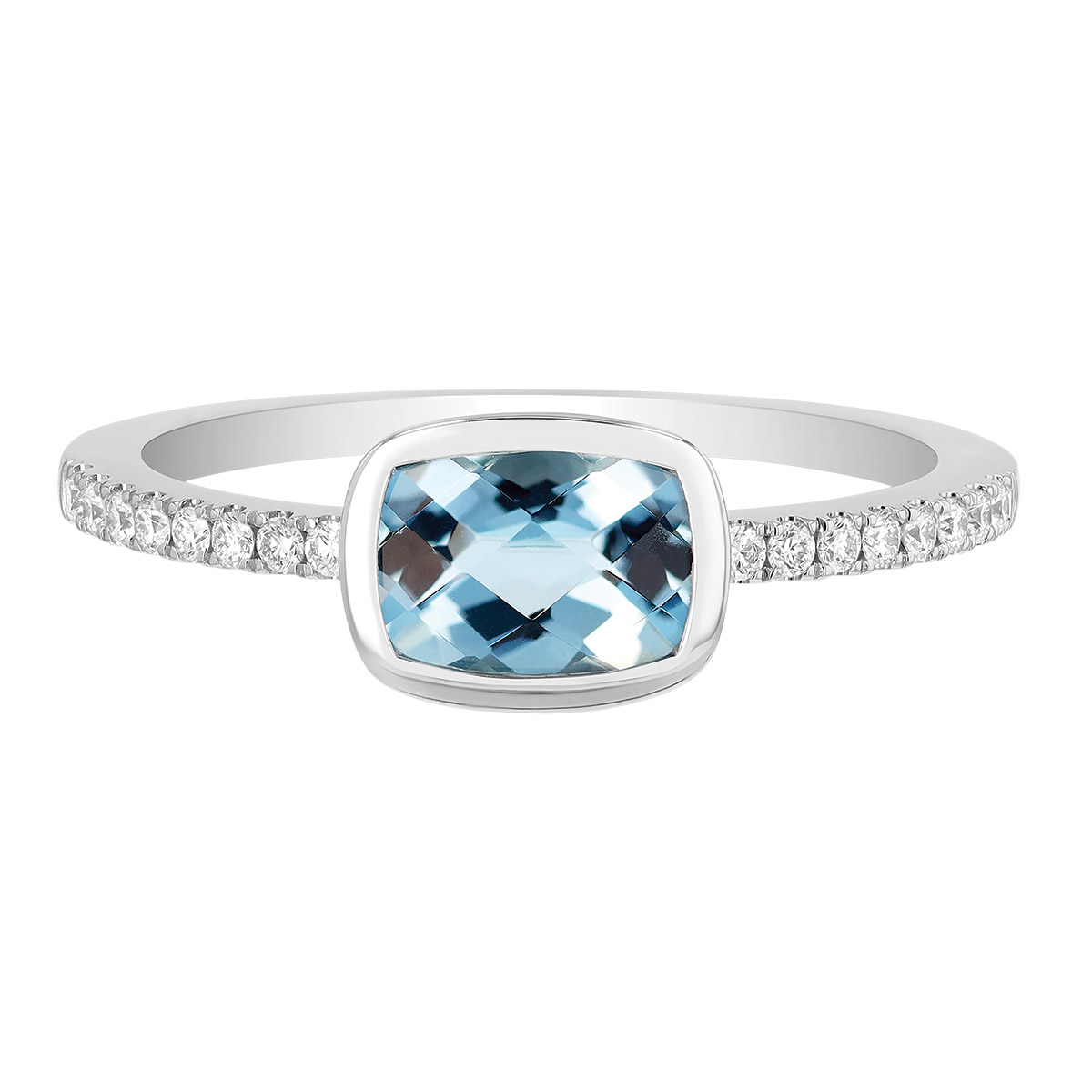 Bezel Set Cushion Checkerboard Aquamarine & Diamond Ring in White Gold