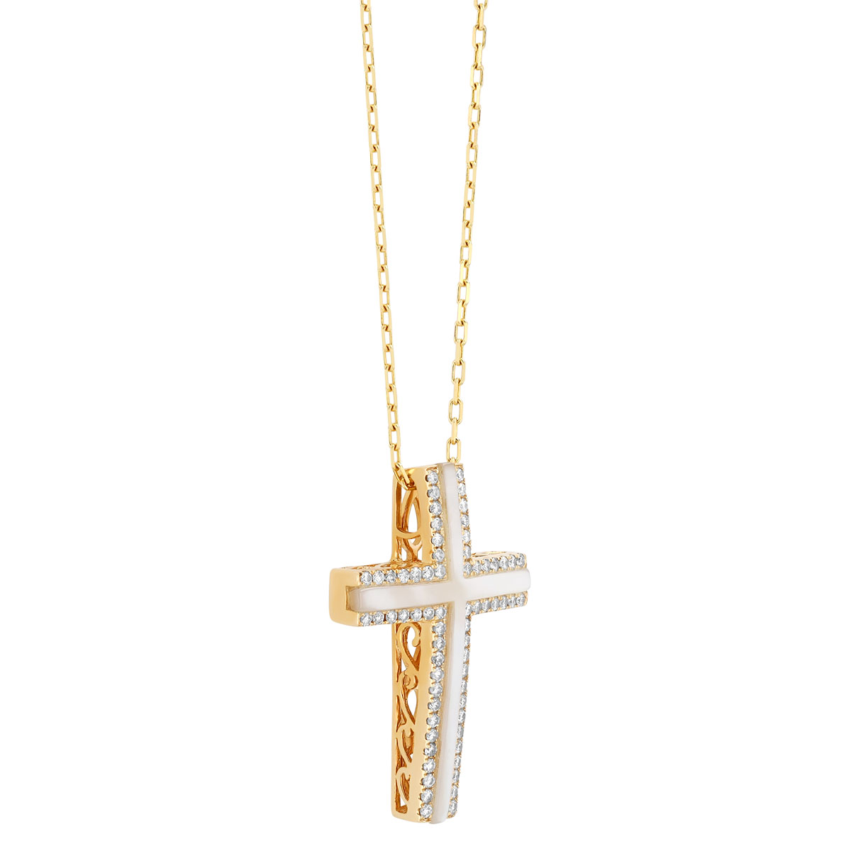 Frederic Sage Mother of Pearl & Diamond Cross Pendant in Yellow Gold