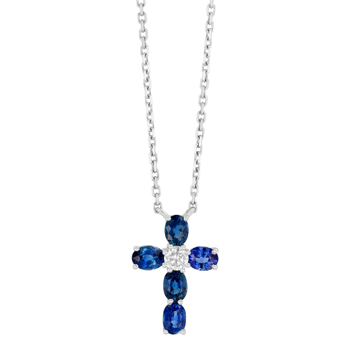 Frederic Sage Oval Sapphire & Round Diamond Cross Pendant in White Gold, 16.5