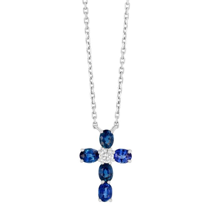 Frederic Sage Oval Sapphire & Round Diamond Cross Pendant in White Gold, 16.5"