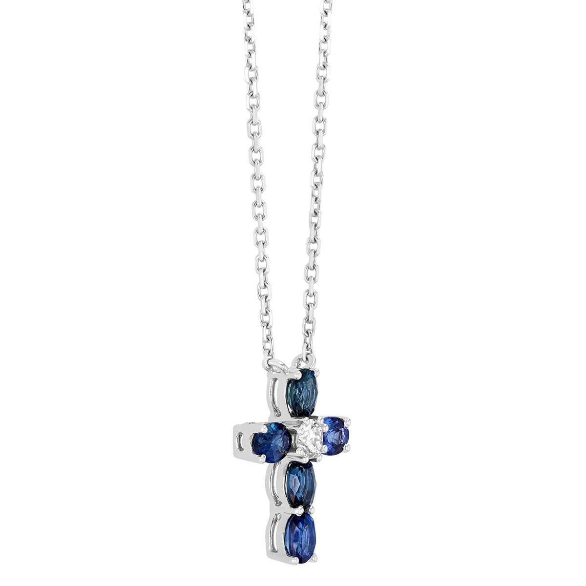 Frederic Sage Oval Sapphire & Round Diamond Cross Pendant in White Gold, 16.5