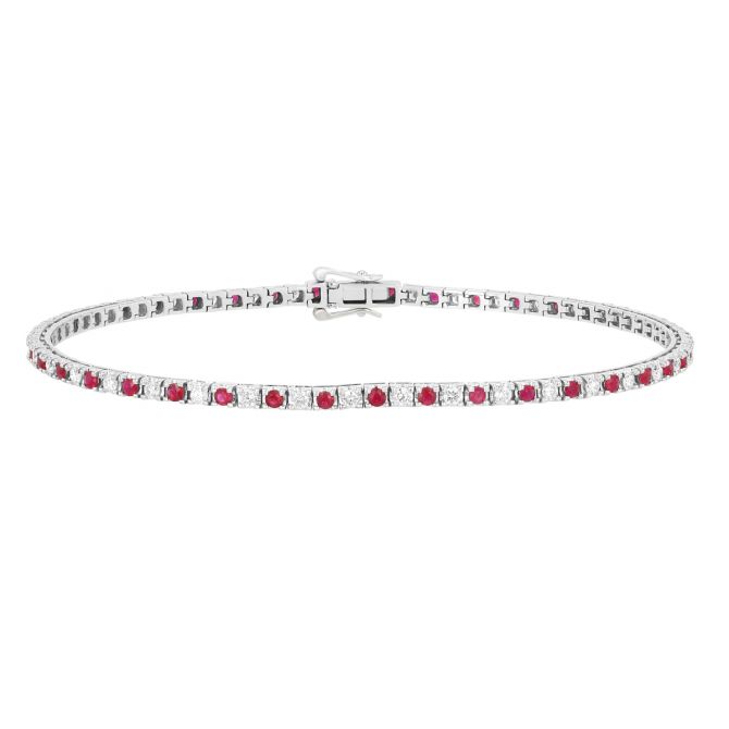 Ruby & Diamond Alternating Pattern Tennis Bracelet in White Gold, 7.25"