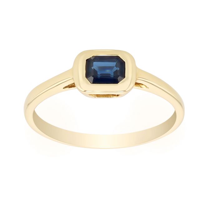 Bezel Set Emerald Cut Sapphire Ring in Yellow Gold