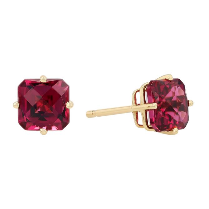 Cushion Checkerboard Rhodolite Garnet Stud Earrings in Yellow Gold