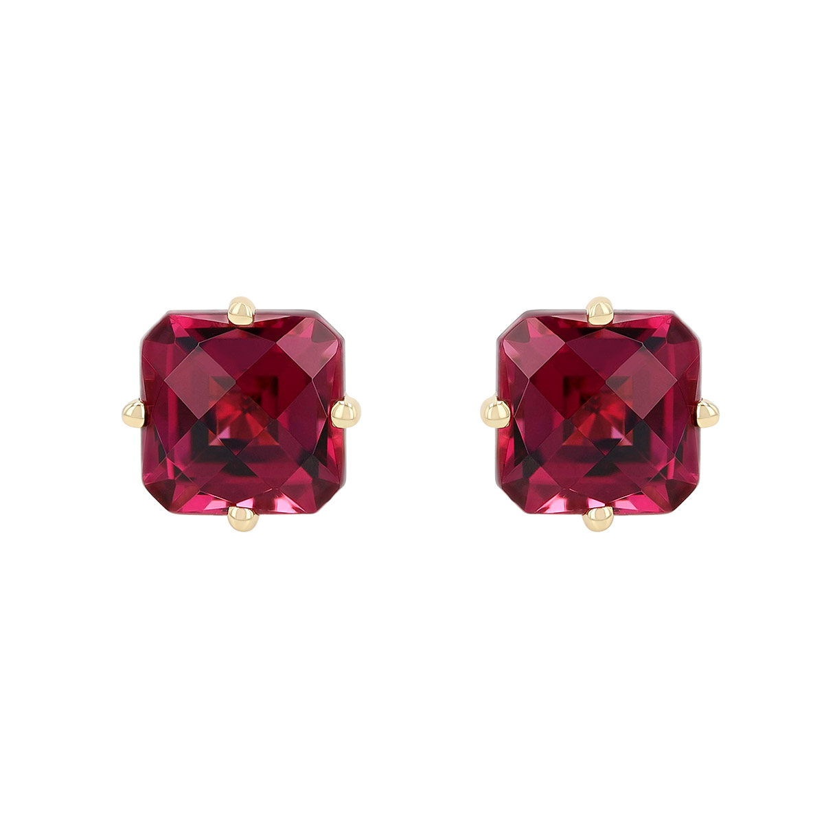 Cushion Checkerboard Rhodolite Garnet Stud Earrings in Yellow Gold