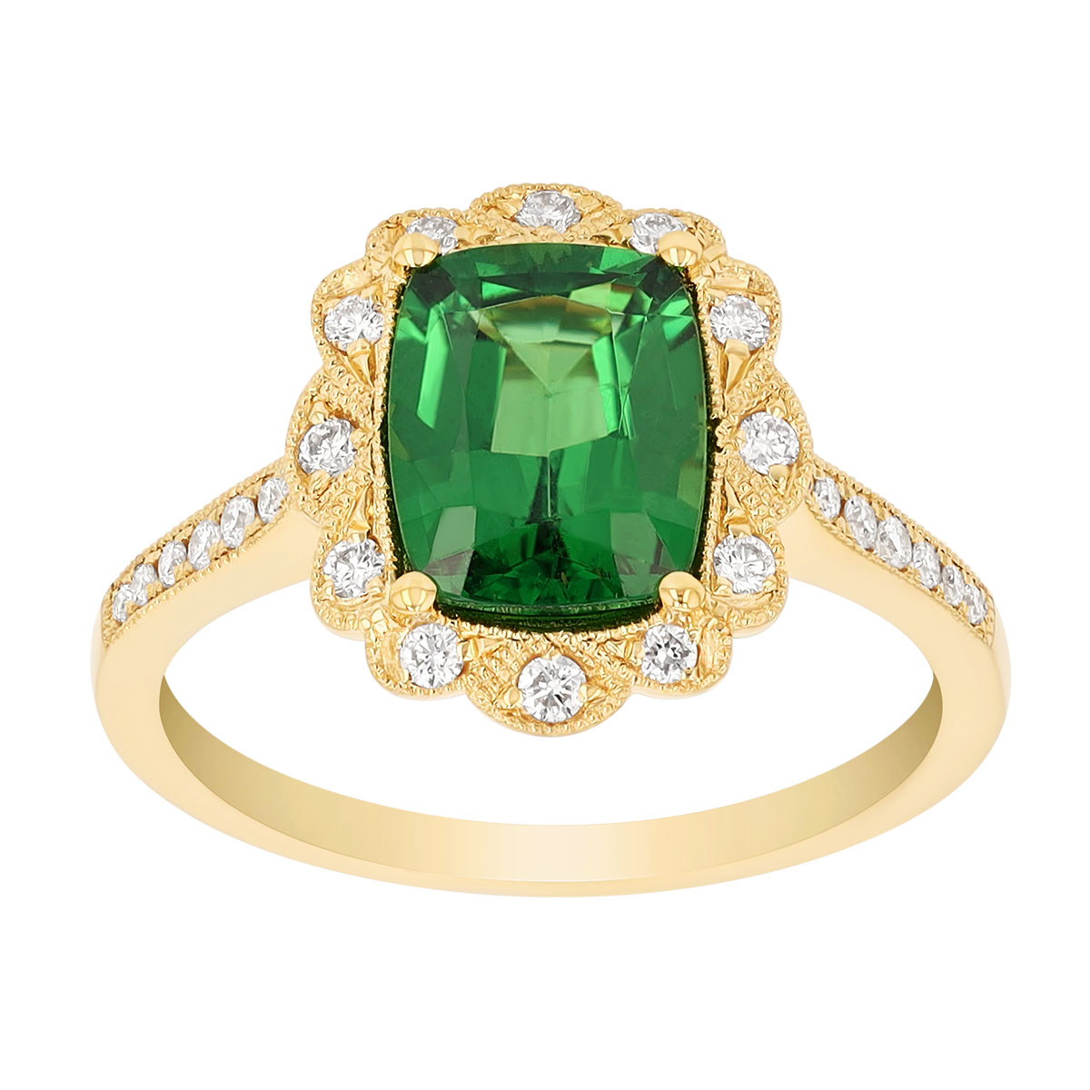 Cushion Checkerboard Tsavorite Garnet & Scalloped Diamond Halo Ring in Yellow Gold