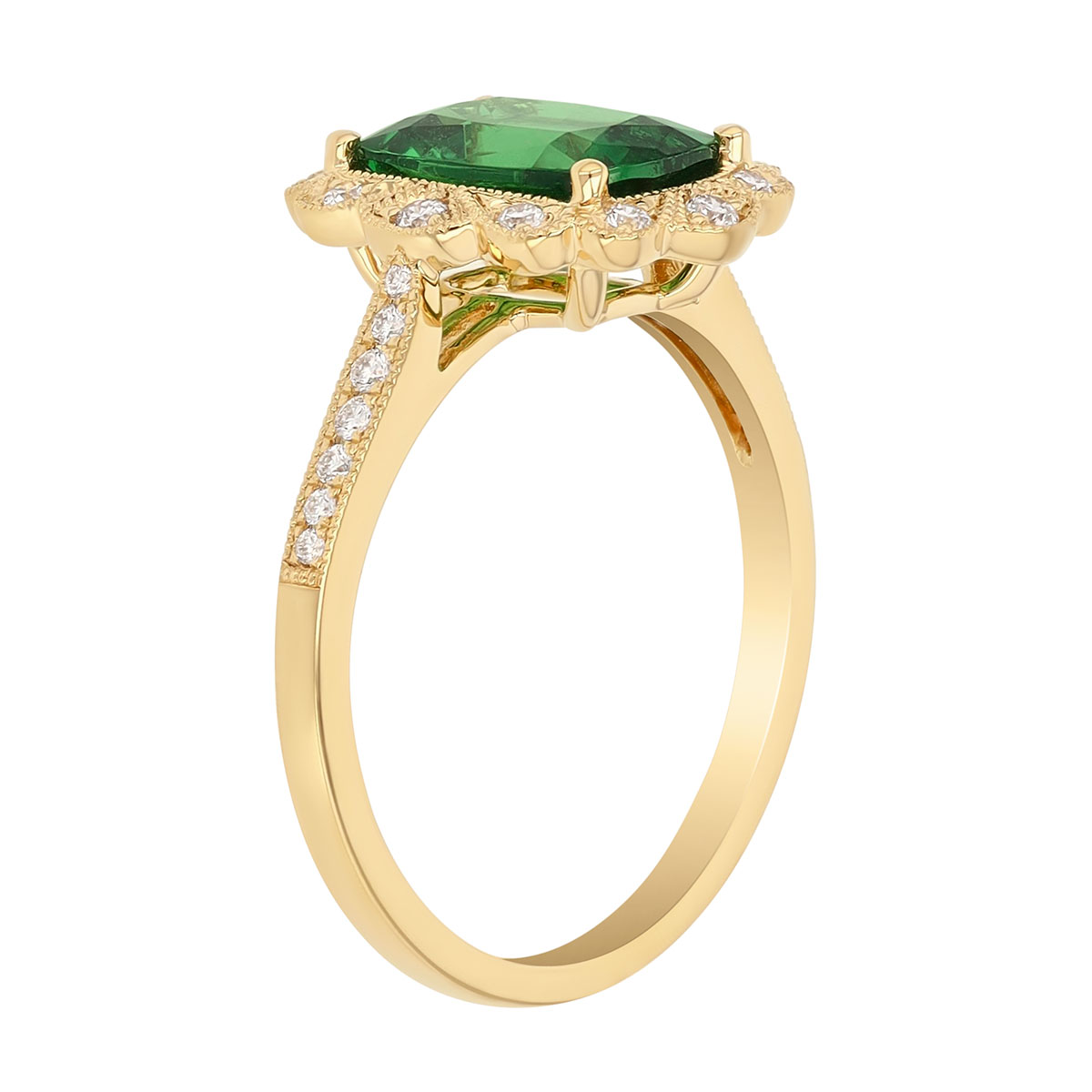 Cushion Checkerboard Tsavorite Garnet & Scalloped Diamond Halo Ring in Yellow Gold