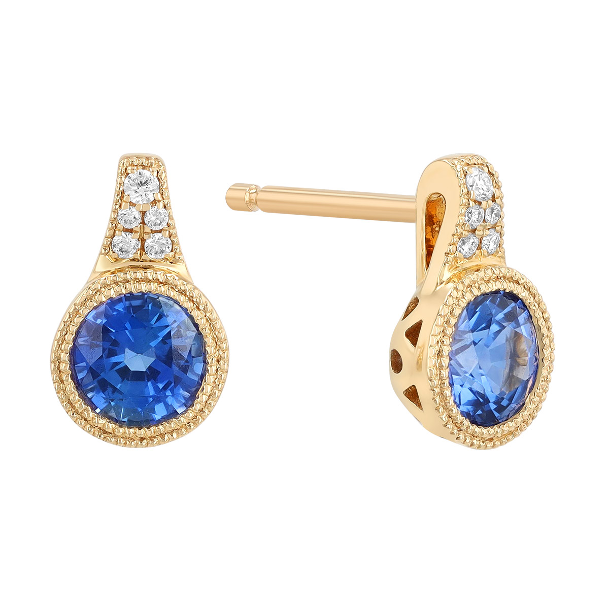 Bezel Set Round Sapphire & Diamond Stud Earrings in Yellow Gold