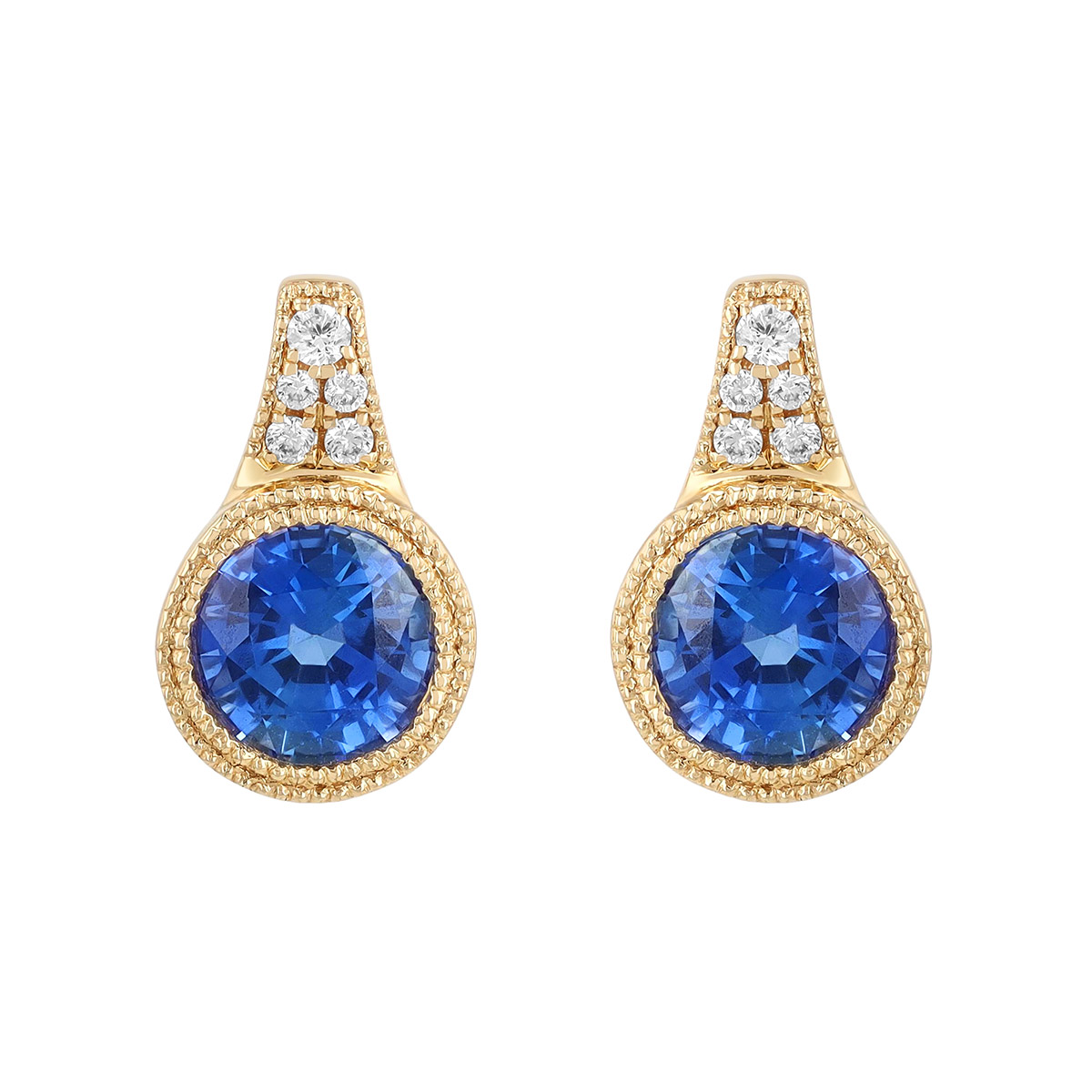 Bezel Set Round Sapphire & Diamond Stud Earrings in Yellow Gold