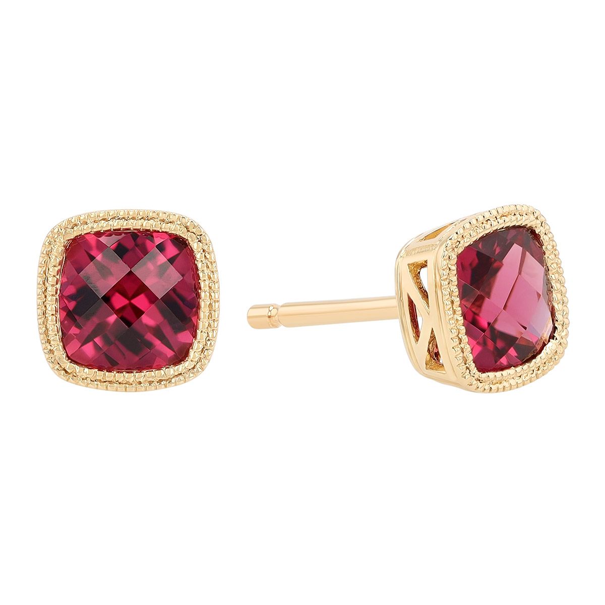 Bezel Set Cushion Checkerboard Rhodolite Garnet Stud Earrings in Yellow Gold