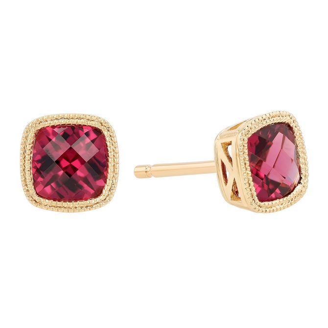 Bezel Set Cushion Checkerboard Rhodolite Garnet Stud Earrings in Yellow Gold