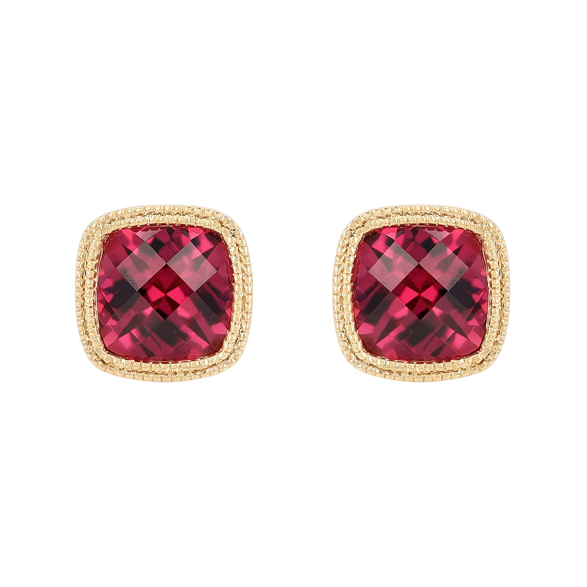 Bezel Set Cushion Checkerboard Rhodolite Garnet Stud Earrings in Yellow Gold