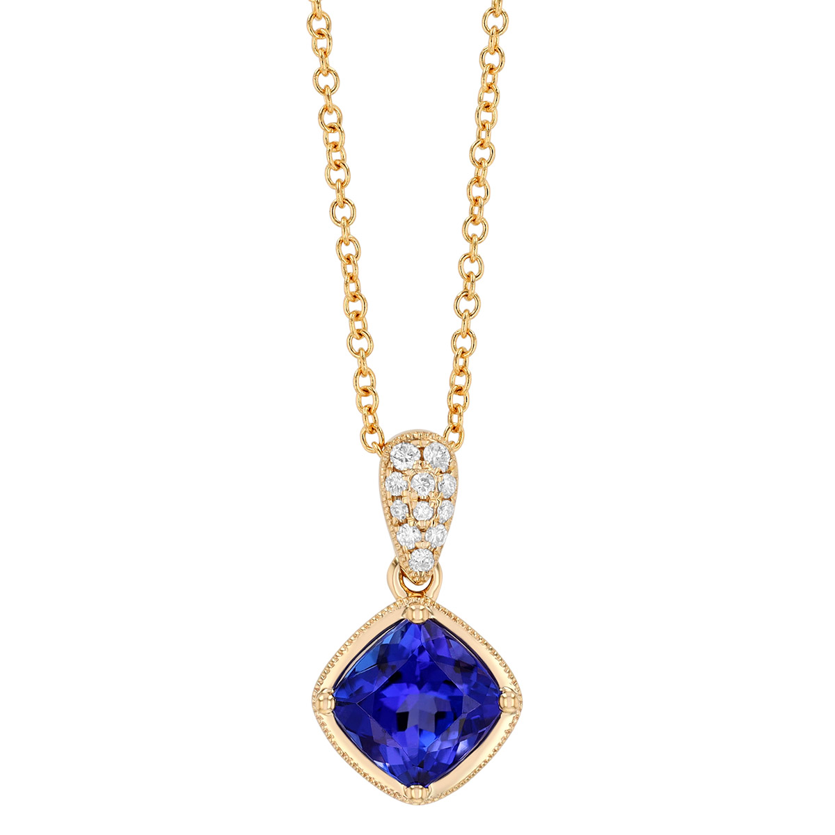 Cushion Cut Tanzanite & Diamond Pendant in Yellow Gold, 18