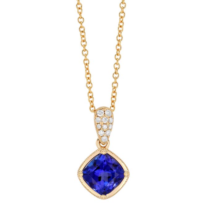 Cushion Cut Tanzanite & Diamond Pendant in Yellow Gold, 18"
