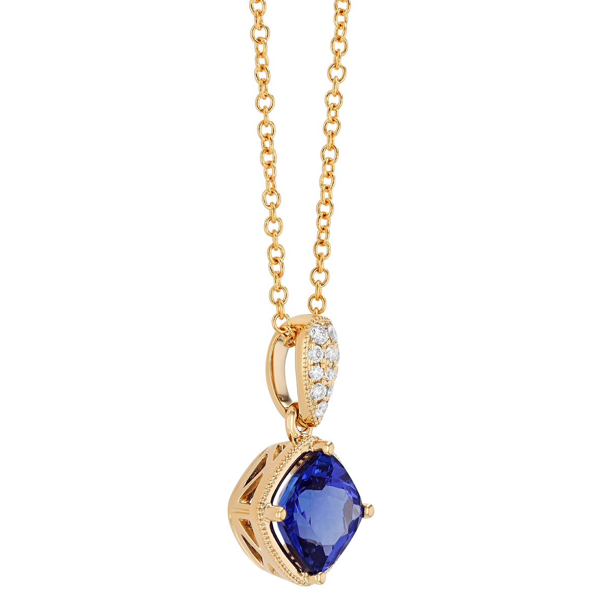 Cushion Cut Tanzanite & Diamond Pendant in Yellow Gold, 18