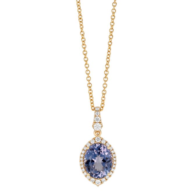 Oval Spinel & Diamond Halo Pendant in Yellow Gold, 18"
