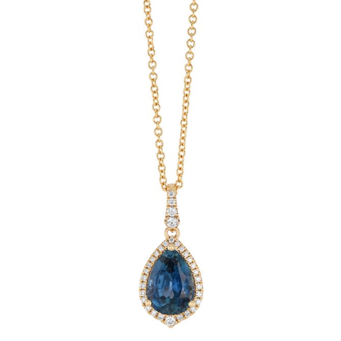 Pear Shape Spinel & Diamond Halo Pendant in Yellow Gold, 18"