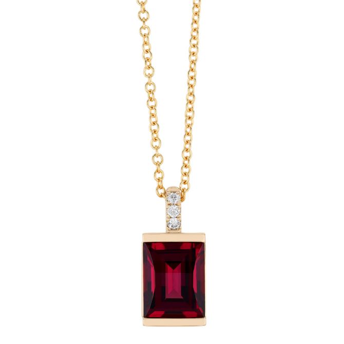 Half Bezel Rhodolite Garnet & Diamond Pendant in Yellow Gold