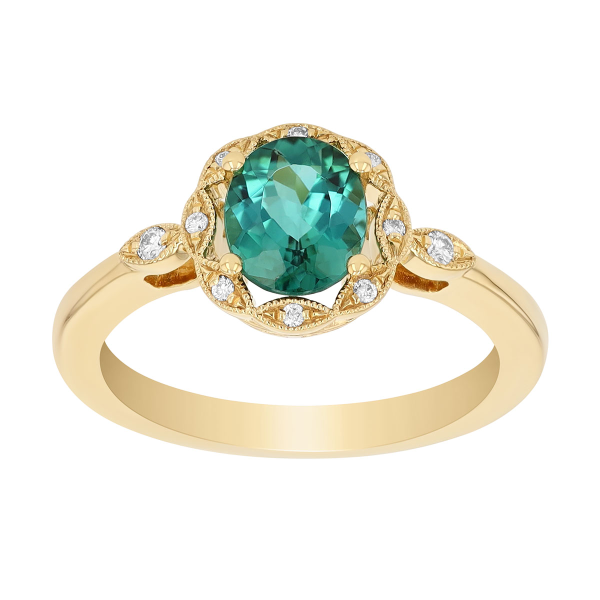 Oval Tourmaline & Diamond Milgrain Halo Ring in Yellow Gold