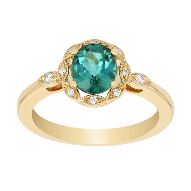 Oval Tourmaline & Diamond Milgrain Halo Ring in Yellow Gold
