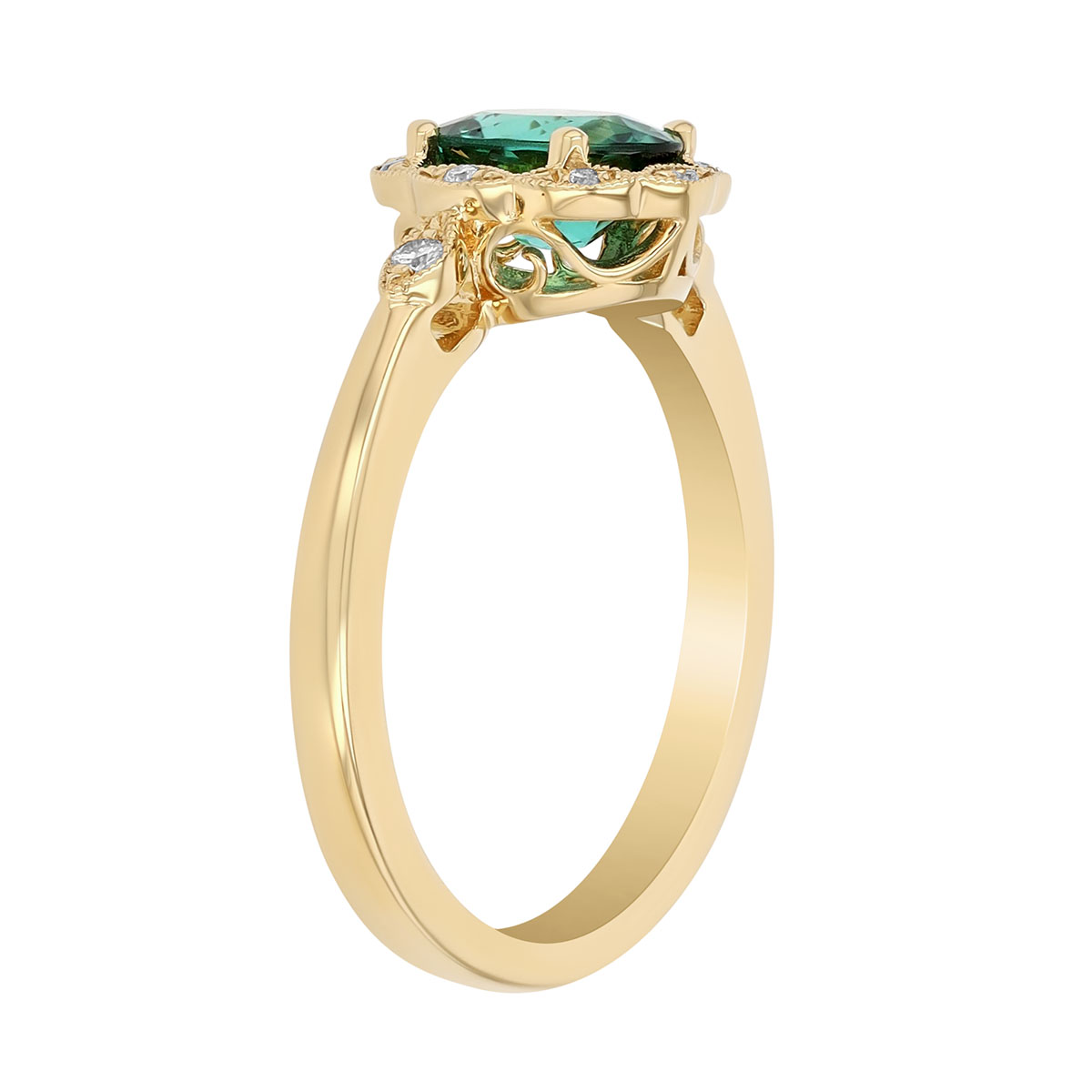 Oval Tourmaline & Diamond Milgrain Halo Ring in Yellow Gold