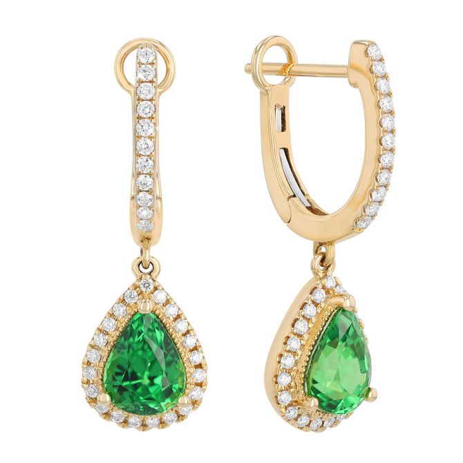 Pear Shape Tsavorite Garnet & Diamond Dangle Hoop Earrings in Yellow Gold