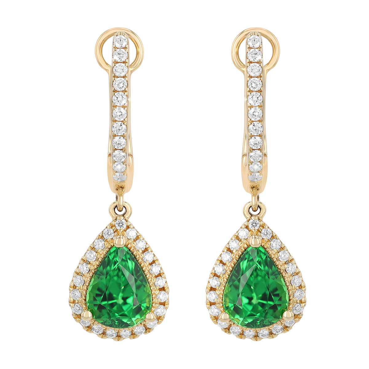 Pear Shape Tsavorite Garnet & Diamond Dangle Hoop Earrings in Yellow Gold