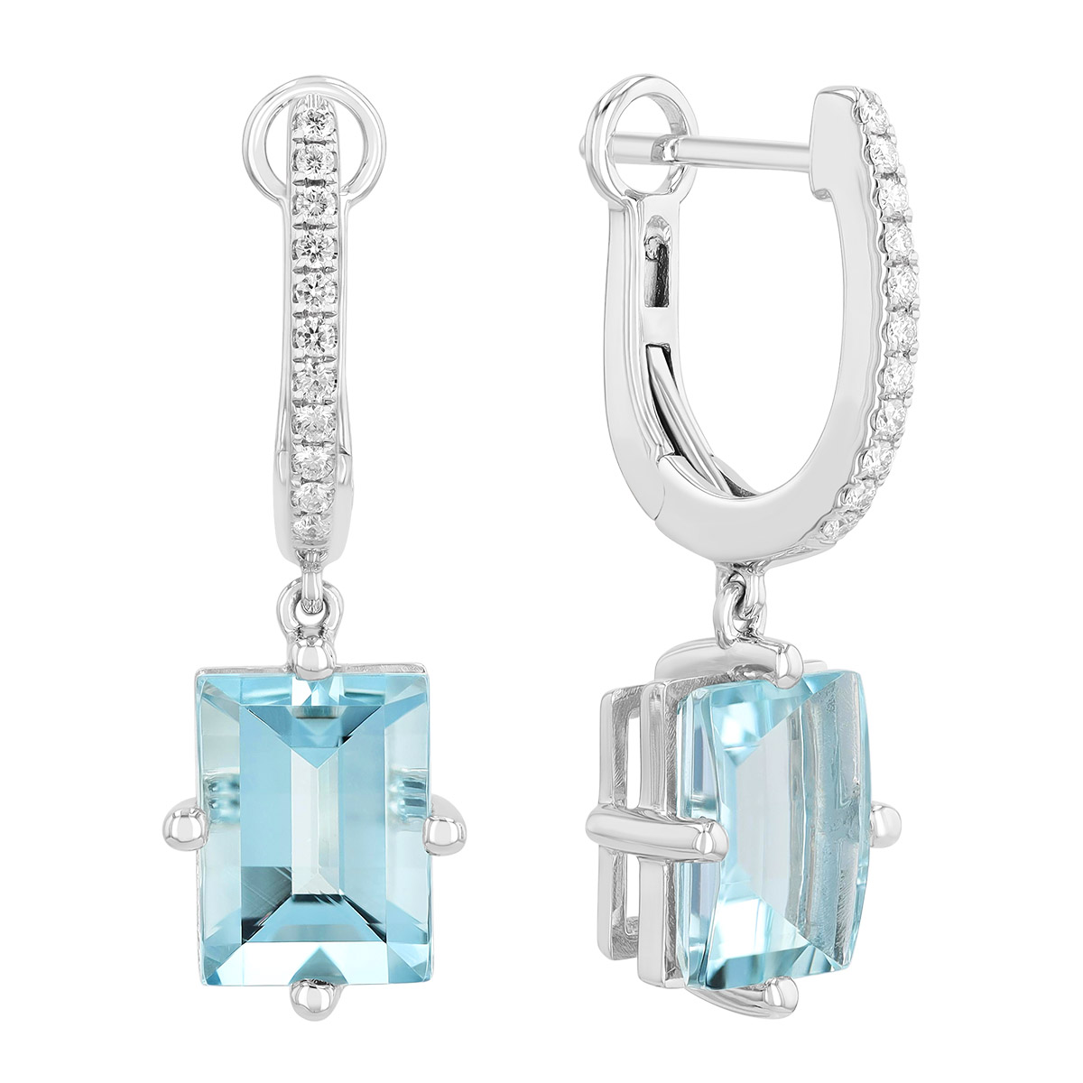 Square Aquamarine & Diamond Dangle Hoop Earrings in White Gold