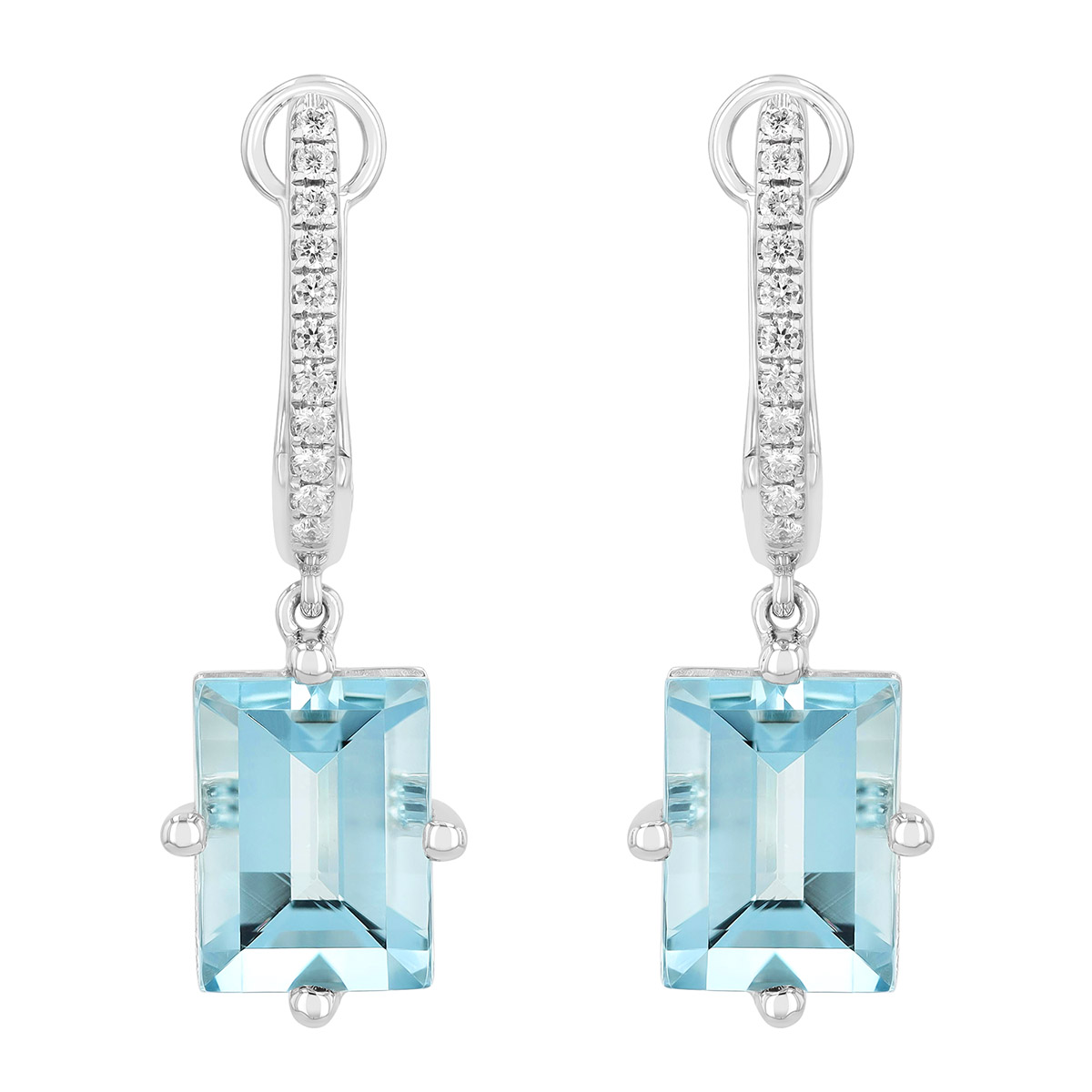 Square Aquamarine & Diamond Dangle Hoop Earrings in White Gold