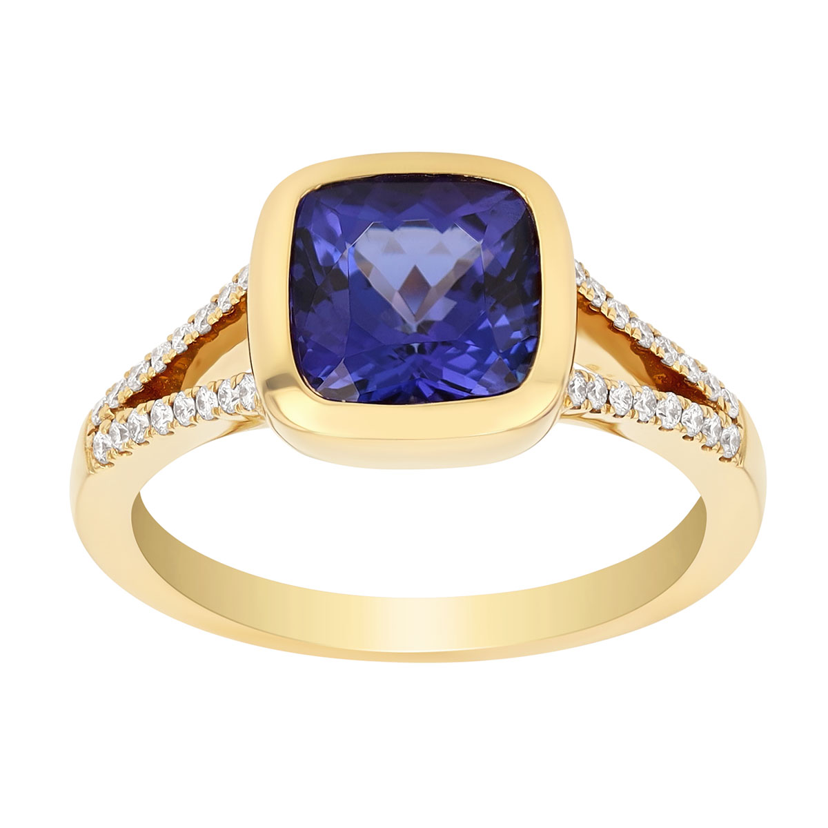 Bezel Set Cushion Cut Tanzanite & Diamond Split Band Ring in Yellow Gold