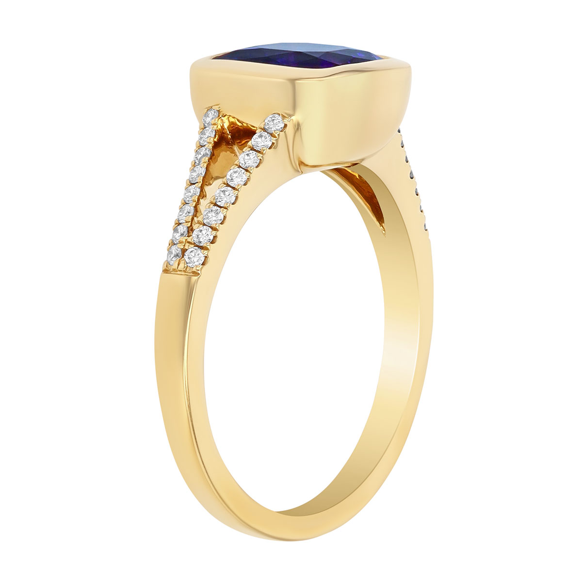 Bezel Set Cushion Cut Tanzanite & Diamond Split Band Ring in Yellow Gold