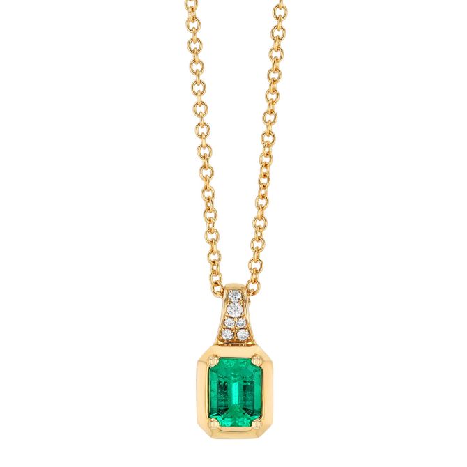 Emerald Cut Emerald & Diamond Pendant in Yellow Gold, 18"