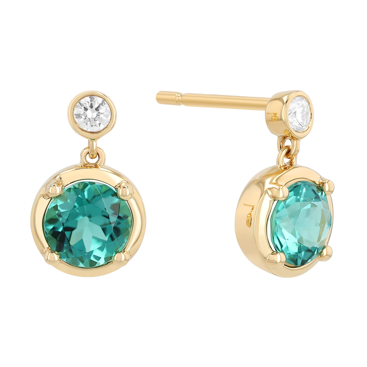 Round Tourmaline & Diamond Drop Earrings in Yellow Gold