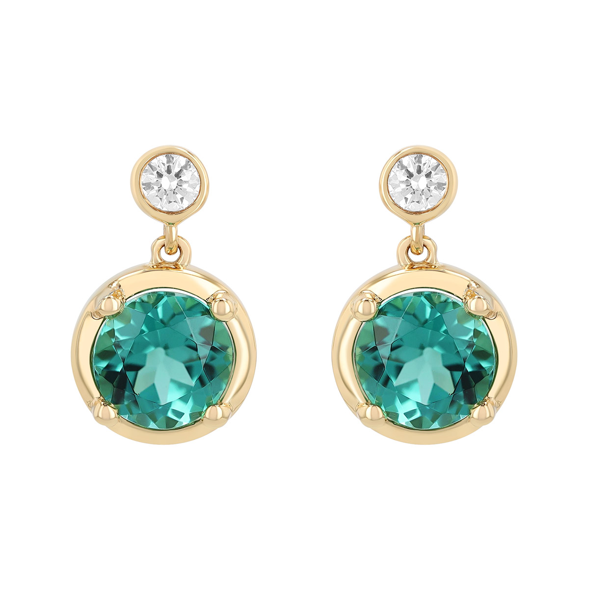 Round Tourmaline & Diamond Drop Earrings in Yellow Gold