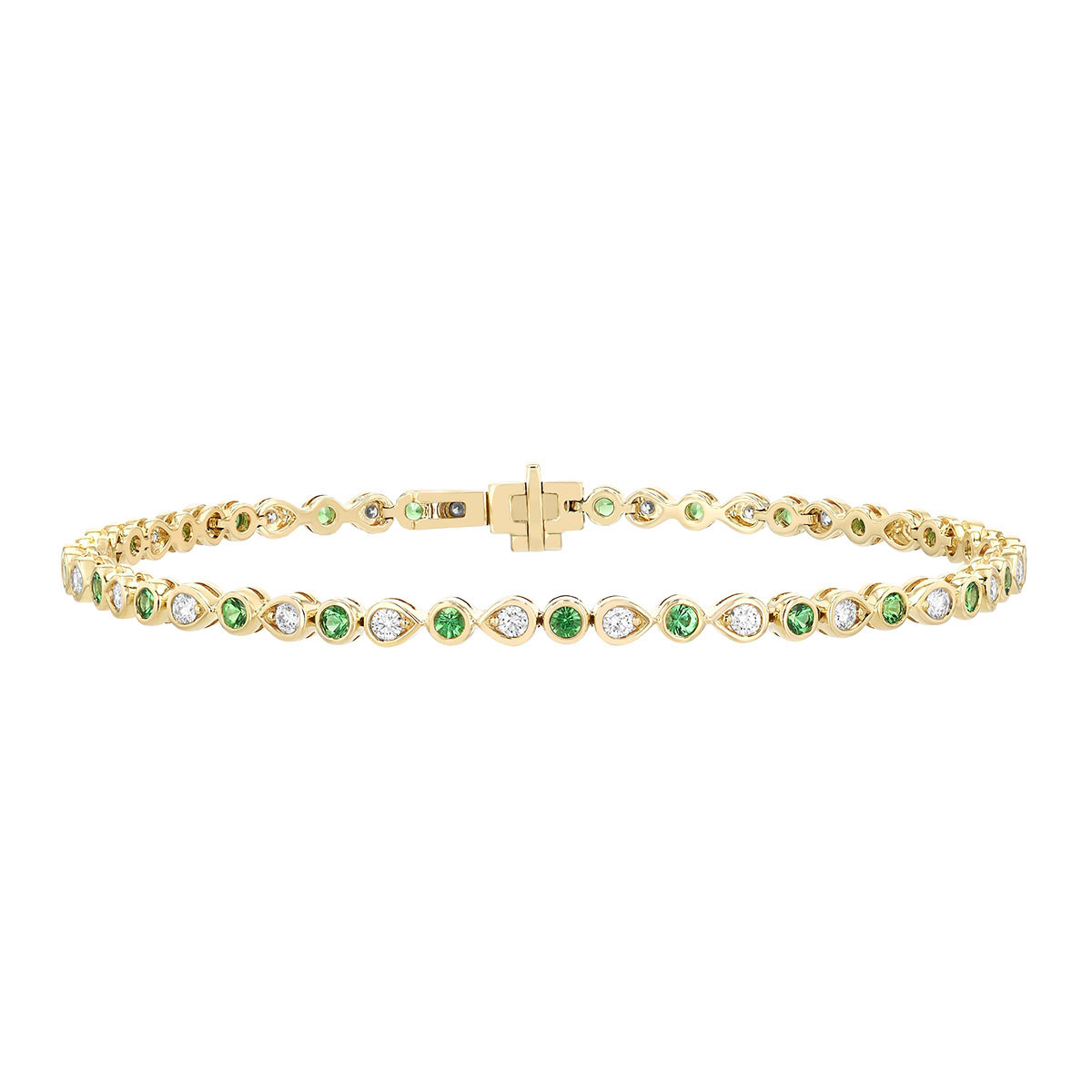 Bezel Set Tsavorite Garnet & Diamond Round & Pear Shape Pattern Tennis Bracelet in Yellow Gold