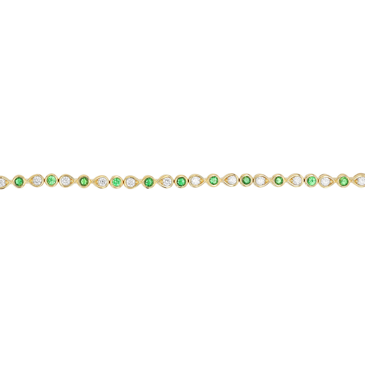 Bezel Set Tsavorite Garnet & Diamond Round & Pear Shape Pattern Tennis Bracelet in Yellow Gold