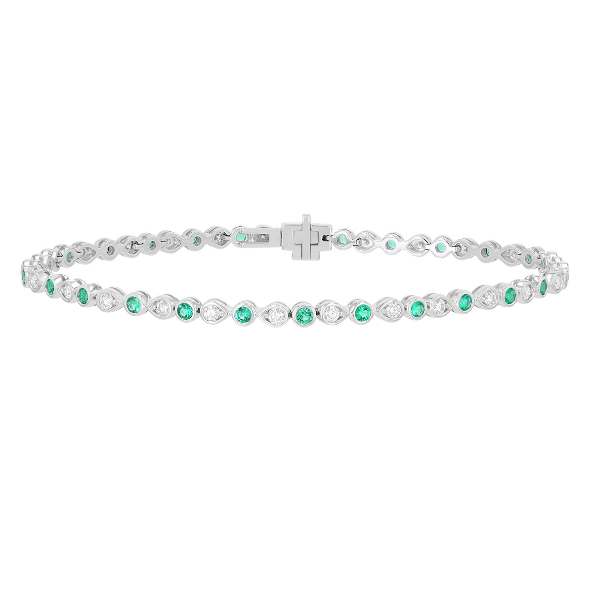 Bezel Set Tsavorite Garnet & Diamond Round & Pear Shape Pattern Tennis Bracelet in White Gold