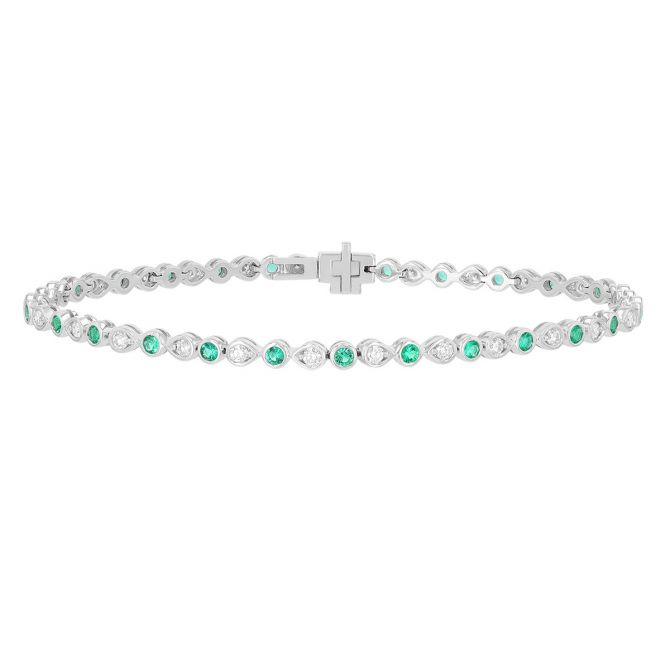 Bezel Set Tsavorite Garnet & Diamond Round & Pear Shape Pattern Tennis Bracelet in White Gold