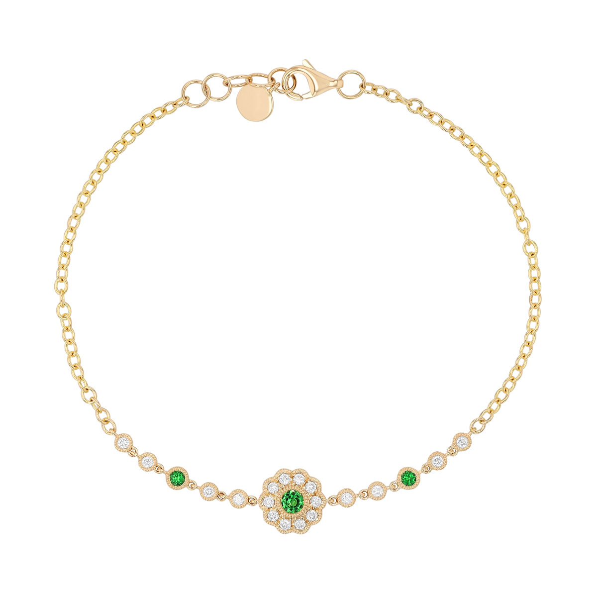 Tsavorite Garnet & Diamond Floral Chain Bracelet in Yellow Gold