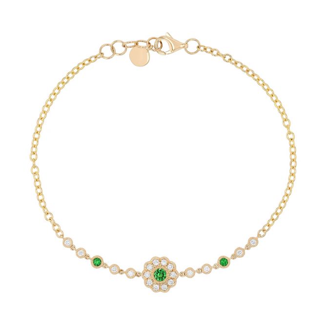 Tsavorite Garnet & Diamond Floral Chain Bracelet in Yellow Gold