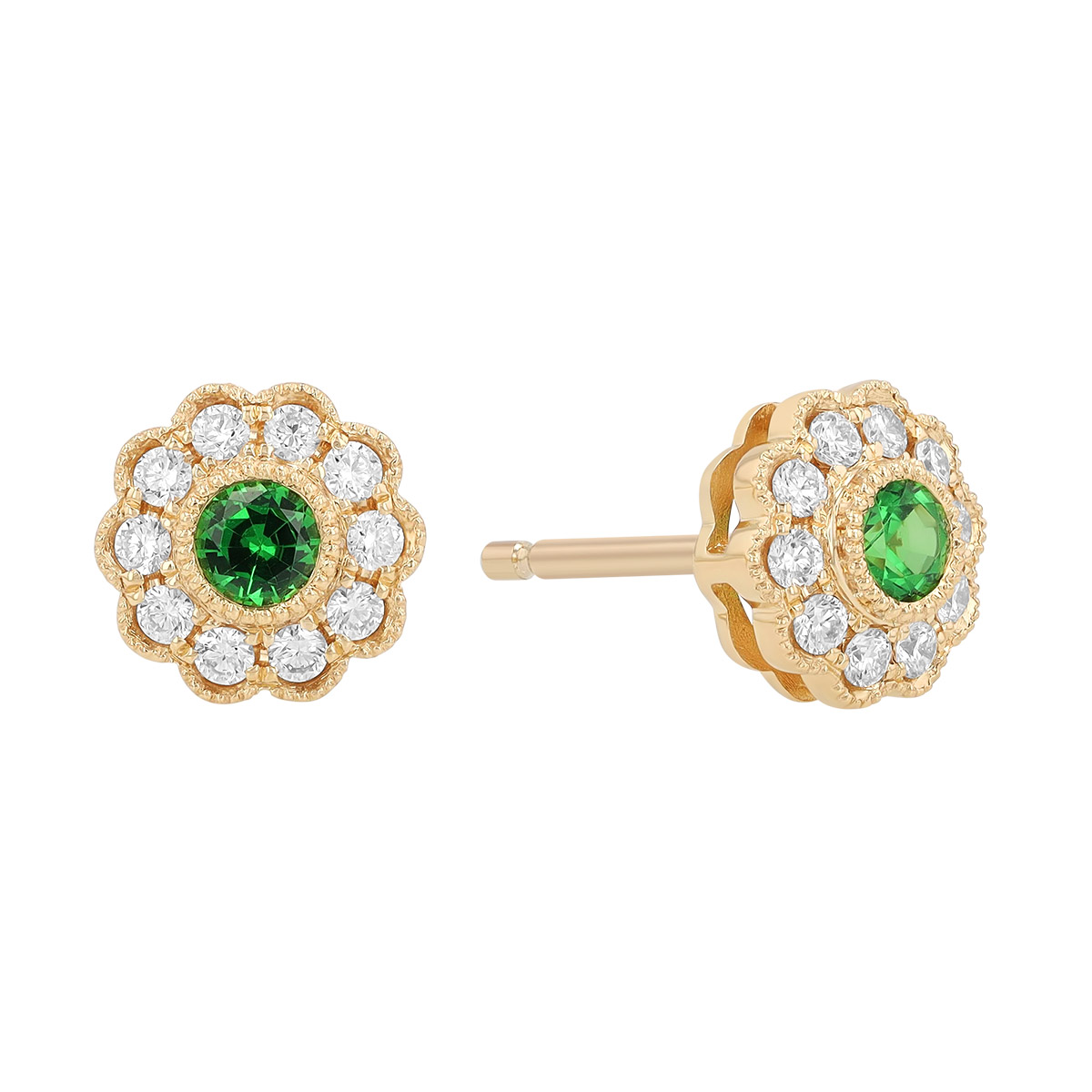 Tsavorite Garnet & Diamond Halo Floral Stud Earrings in Yellow Gold