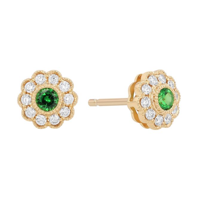Tsavorite Garnet & Diamond Halo Floral Stud Earrings in Yellow Gold
