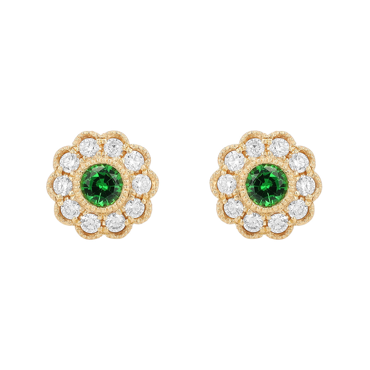 Tsavorite Garnet & Diamond Halo Floral Stud Earrings in Yellow Gold