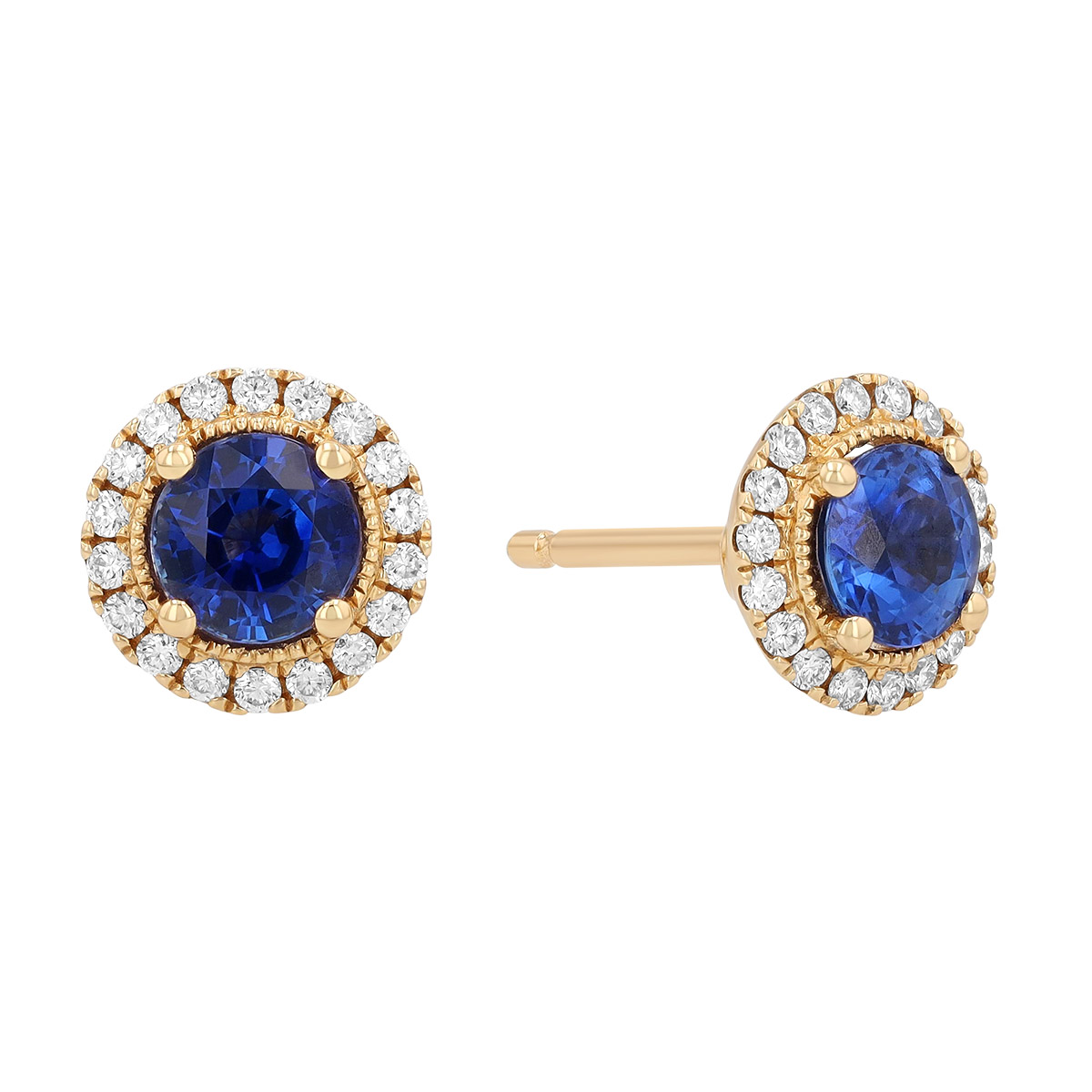 Round Sapphire & Diamond Halo Stud Earrings in Yellow Gold