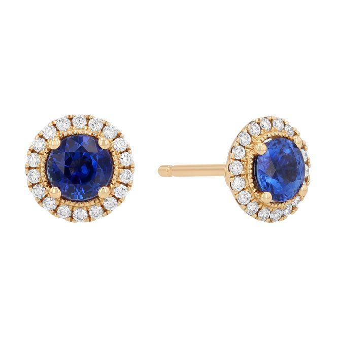 Round Sapphire & Diamond Halo Stud Earrings in Yellow Gold