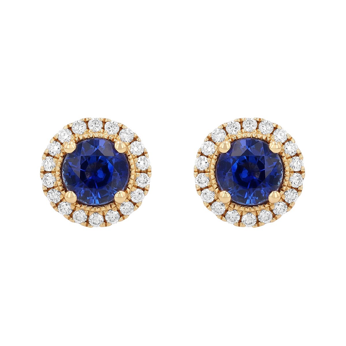 Round Sapphire & Diamond Halo Stud Earrings in Yellow Gold