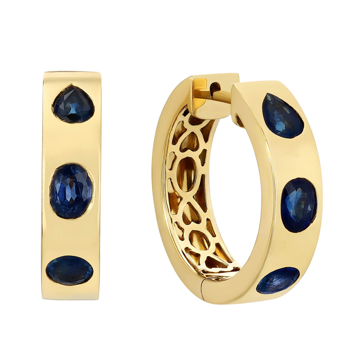 Flush Set Sapphire Trio Hoop Earrings in Yellow Gold