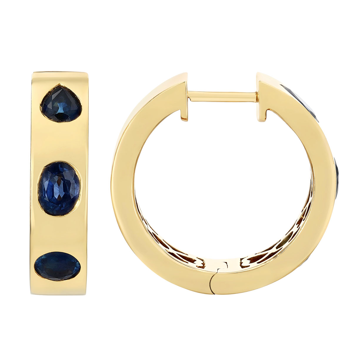 Flush Set Sapphire Trio Hoop Earrings in Yellow Gold